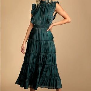 Lulus Take a Glance Emerald Green Tiered Mock Neck Midi Dress